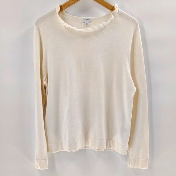 J. Crew Ivory Cream Pullover Sweater Size XL Long Sleeve Ruffle Open Neck - Picture 1 of 7